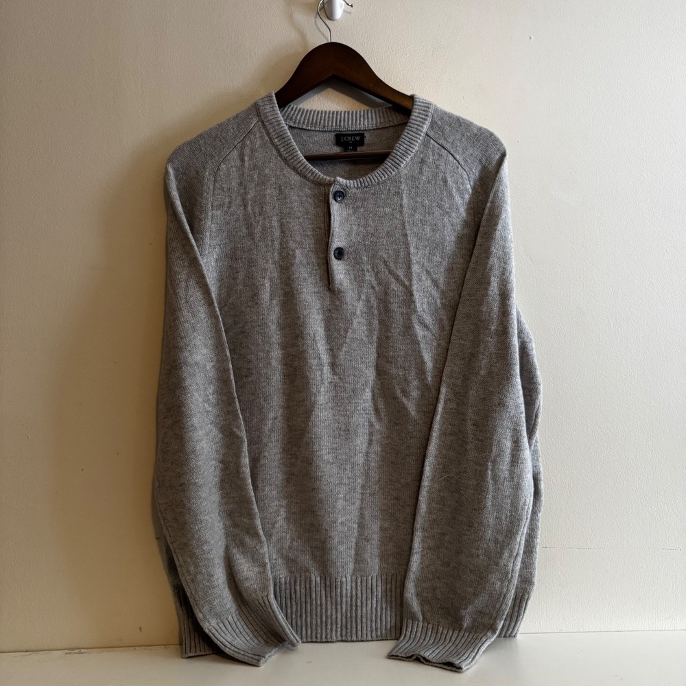 J.Crew Women's M Gray Lambswool Henley‎ Long Sleeve Sweater Natural Fibers